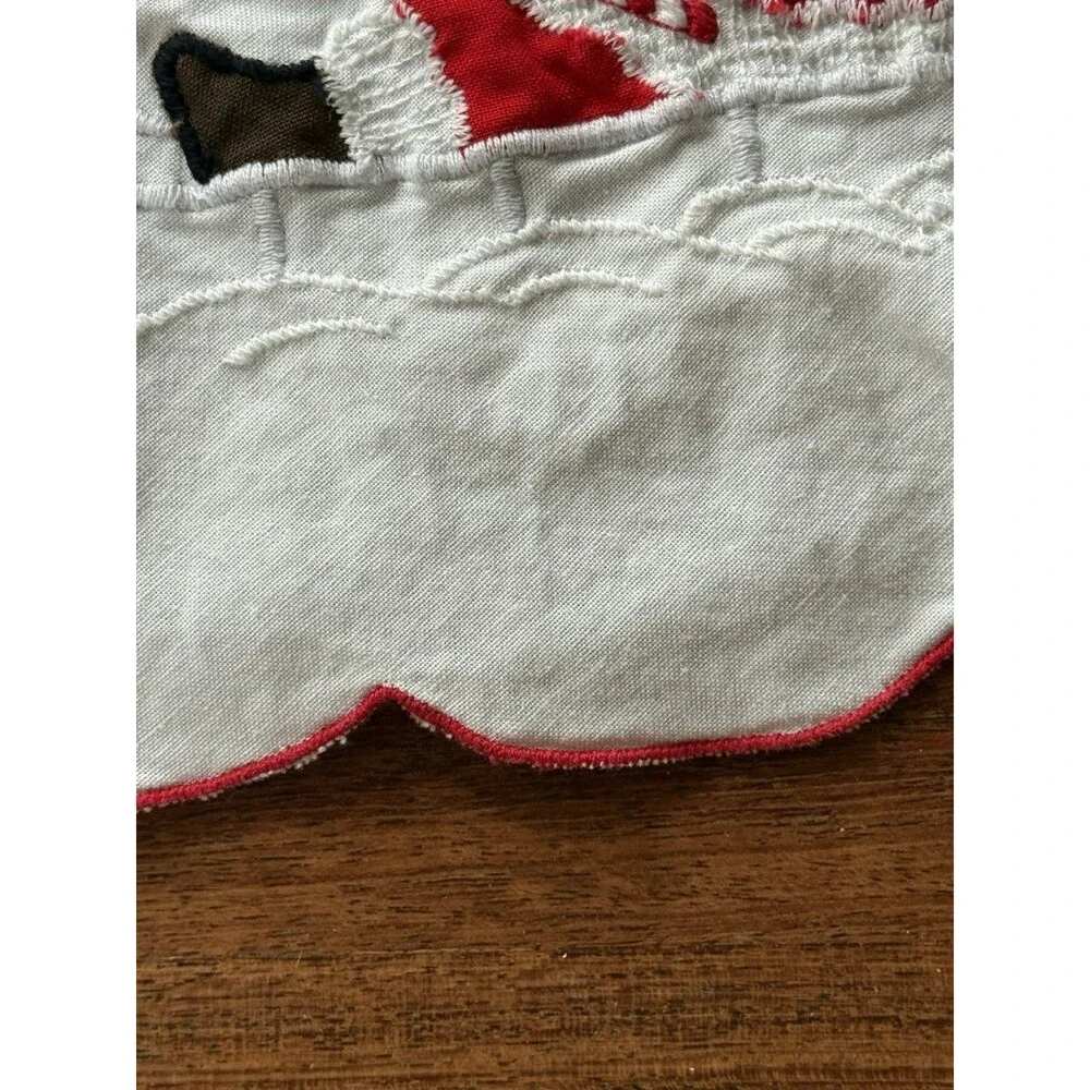 Vintage Embroidered Christmas Santa Round Table Cloth 60”